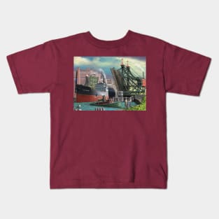 Lake Freighter Passing Through Buffalo Jackknife Bridge Kids T-Shirt